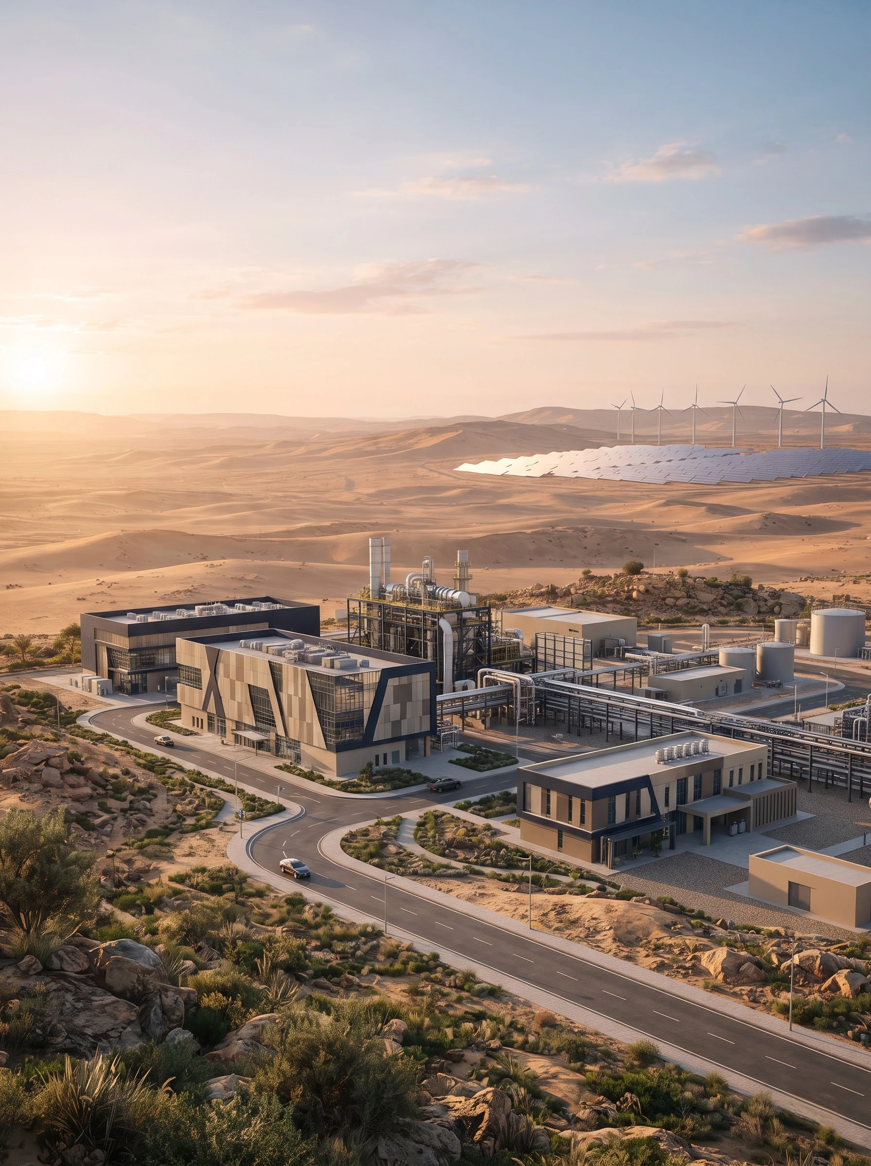 Industrial energy facility at sunset