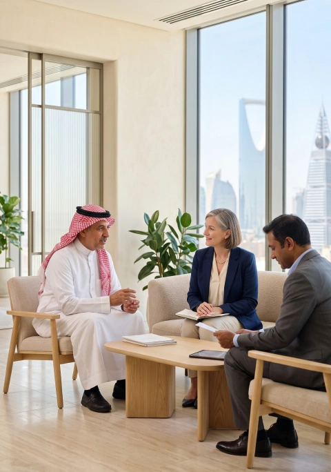 Advisors discussing a business strategy in Riyadh